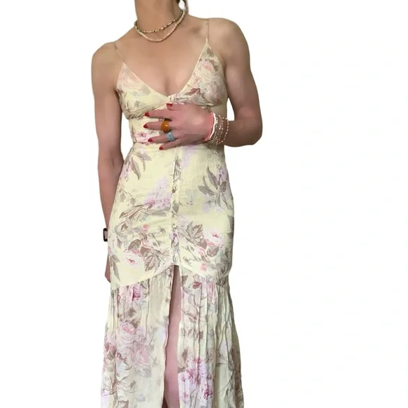 Majorelle Yellow Pink Floral Curtain Hem Boho Dress Size XS - Picture 2 of 7